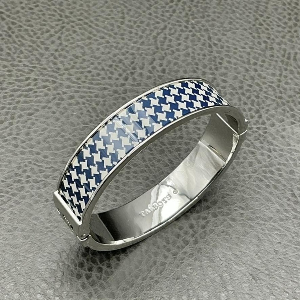 Talbots Bangle Bracelet Womens Small Navy White Houndstooth Enamel Silver Tone
